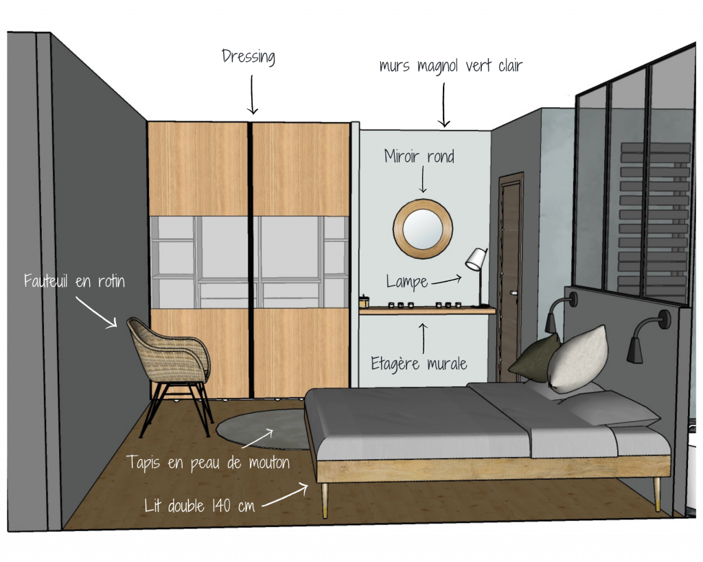 Bedroom: captioned cross-section from the window