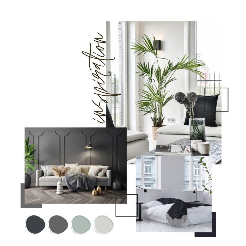 Inspiration déco contemporaine par Nadeco Concept avec palette gris anthracite, gris clair, vert sauge et beige clair